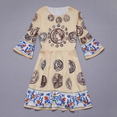 【2014深圳精品女裝古典巴洛克風(fēng)格印花絲綢圓領(lǐng)收腰真絲連衣裙批發(fā)】價格,廠家,圖片,連衣裙,深圳市寶安區(qū)沙井歐秀服飾批發(fā)商行-